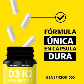 Vitamina D3 + K2 + MCT Oil | Sin Azúcar - Suplemento Alimenticio Vegano Beyond Vitamins - Ingredientes NON GMO (60 Cápsulas)