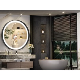 Hasipu 28 Inch Round LED Mirror for Bathroom with Lights, Black Circle Vanity Mirror for Wall, Metal Framed Frontlit Bathroom Mirrors Anti-Fog, Dimmable, 3 Colors Makeup Mirror Wall Mounted