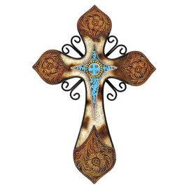 AMAJY Rustic Western Style Cowhide Faux Tooled Leather Wall Cross with Turqoise Center Piece and Floral Embossed Design Spiritual Wall art Southwest Decor