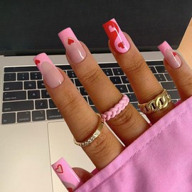 BAOYAALIN Press on Nails Medium Square French Pink Fake Nails with Red Heart Design Full Cover Acrylic Glue Artificial Press Stick ons Nail for Women Manicure 24PCS