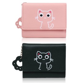 IKOPFLN Pack of 2 Cute Women's Small Thin Bifold Leather Wallet with Protection, Purse Girls with Zip Coin Compartment (Black and Pink), b