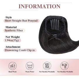 S-noilite Drawstring Hair Bun Ponytail Extensions,Short Ponytail Synthetic Comb Clip in Updo Hairpiece Fake Hair,12 inch Straight Hepburn Scrunchies Bun Hair Piece,Dark Black