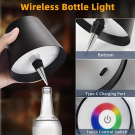 Musnayis Sono Wireless Wine Bottle Lamp Shade with RGB Color Changing,LED Bottle Lights for Liquor Bottles with Top Lamp,Rechargeable Touch Control Wine Bottle Lights for Home Bars Restaurants(Black)