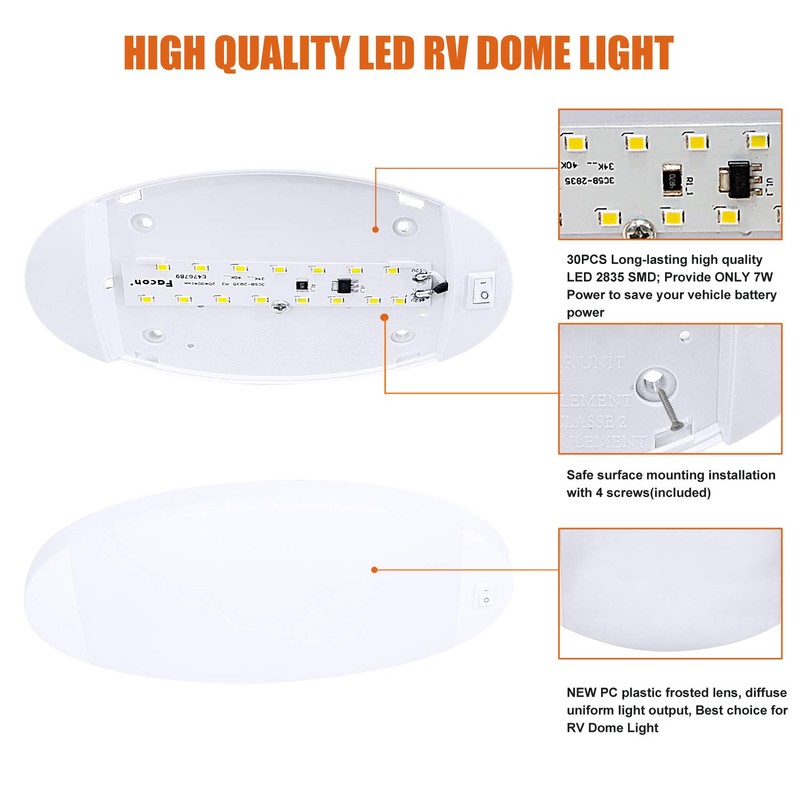 Facon 12V LED RV Dome Light, Length: 9-1/4'', DDS01-608-CW, Large