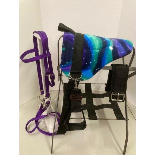 Party Ponies Miniature Horse/SM Pony Childrens Bareback Saddle PAD Set - Purple Stary Night- Cinch - Complete Bridle with Free Snaffle BIT (Snaffle Style Varies)