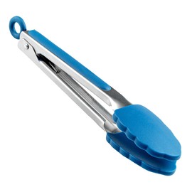 Restaurantware Met Lux 9 Inch Kitchen Tong 1 Durable Food Tong - Scalloped Silicone Head Grip Handle With Thumb Rest Blue Stainless steel Tong For Cooking Dishwashable With Easy-Pull Lock