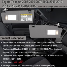 NHILES Driver & Passenger Side Sun Visor Replacement Fits for Toyota Tacoma 2005-2015 Sunshade with Light 7432004210B0 7431004120B0 Color Gray