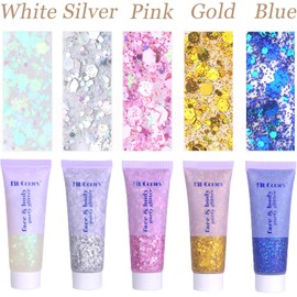 Brillo facial para el cuerpo, purpurina para el cabello, gel con purpurina gruesa para niñas, maquillaje, cantante, conciertos, festival de sirena, lentejuelas, pintura facial (blanco, plata, rosa