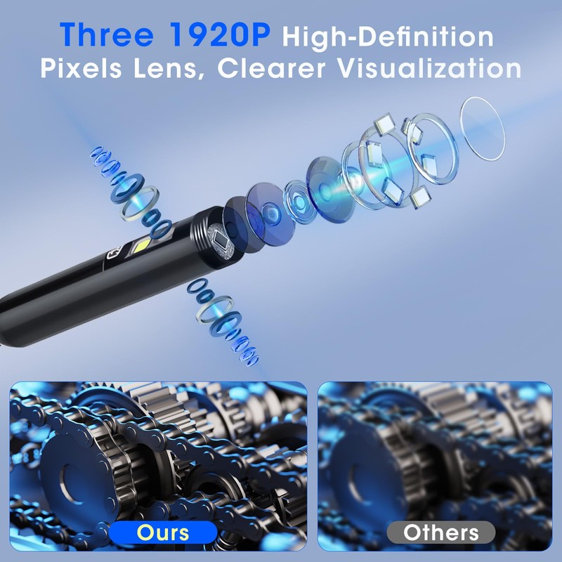 Triple Lens Borescope with 5" IPS Screen, 1920P HD Inspection