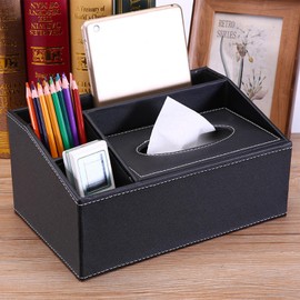 Leather Desk Organizer Pen Holder, Tissue Box, 4 Compartments Stationery Storage, Office Supplies, Black (Style 2)