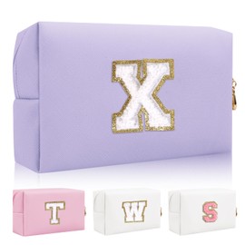 Bolsa de maquillaje con parche inicial personalizada, bolsa de chenilla con cierre, Púrpura/Blanco-Letra, x