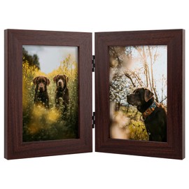 Frametory, 4x6 Double Picture Frame Hinged 2 Photos Frame Collage, Desk Picture Frame with Glass, Side by Side Frame Vertical (Walnut, 1 Pack)