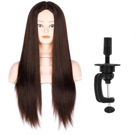 Cabeza de Maniquí de Entrenamiento de Peluquería, Fibra Sintética, Cabello Largo con Soporte de Mesa (Marrón Castaño)