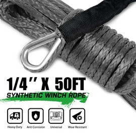 STEGODON 1/4’’ x 50ft Synthetic Winch Rope 10,000lbs Winch Line Cable with Black Protecting Sleeve for ATV UTV Boat Ramsey Synthetic Winch Rope(Gray)