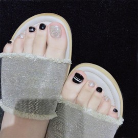 Inilbran Coffin Press on Toenails Shiny Glue on Toenails Coffin Fake Toe Nails Short Medium Toenails Square Full Cover Acrylic Toe Nails for Women 24 Pieces