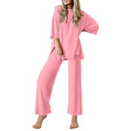 Ekouaer Lounge Sets for Women Short Sleeve Tops and Long Pants Soft Comfy Pajamas Set 2 Piece Outfits,Coral Pink,XXL