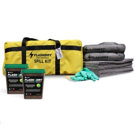 Set of 2 FlashDry Pro Portable Complete Spill Kits - Yellow Duffle, Bag Tag, 15 Absorbent Pads, 2 3"x 4' Sorbent Socks, Disposal Bags, Nitrile Gloves, Two 5L Buckets of 100% Organic, Lightweight Coir