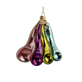 The Bridge Collection Measuring Spoons Ornament - 4.25" Glass Christmas Tree Ornament - Baking Ornament with Glitter Accents - Holiday Gift for Baker - Kitchen Themed Holiday Decoration