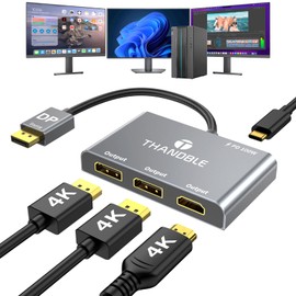 THANDBLE DisplayPort to Dual DisplayPort with HDMI Adapter 4K@60Hz, Extended Display 1 in 3 Out MST Hub for Multiple Monitors Compatible with PC,NVIDIA/AMD Graphics Card