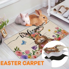 Shyllin Easter Doormat, 40 x 60 cm, Rabbit Flowers Welcome Mat, Easter, Spring Kitchen Floor Mat, Carpet Non-Slip, Easter Decoration Doormat, Dirt Trapper Mat, Washable for Indoor and Outdoor Decor
