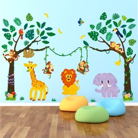 DECOWALL SG-2209 Jungle Tree Animals Kids Wall Stickers Monkey Elephant Giraffe Decals Removable for Nursery Bedroom Living Room Art Mural Decoration