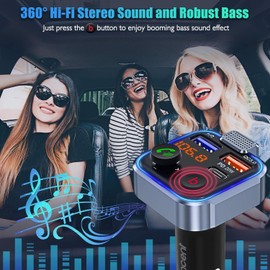 Car FM Transmitter, Wireless Bluetooth 5.0 Radio Adapter Car Kit, Car Fast Charger, Hands Free Calling, Bass Lossless Hi-Fi Sound Support U Disk.