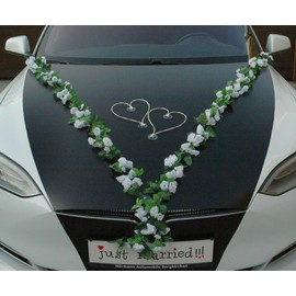 VIP Garland 30 Azaleas 30 Roses 18 Extra Strong Suction Cups 2 x 180 cm Garland 4 Door Handle Decorations 2 Rattan Hearts Bride Couple Car Decoration Wedding Car Wedding Car® Car Decoration (White 1)