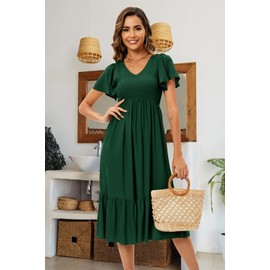 II ININ Women's Summer Maternity Dresses Casual V Neck Short Sleeve Smocked A Line Flowy Beach Vacation Baby Shower Long Dress Trendy 2025(Dark Green,L)