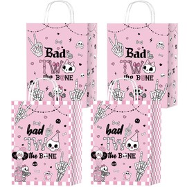 Wxiben Bad Two the Bone Party Favors - 16 Pcs 2nd Birthday Gift Bags, Pink Rock and Roll Skull Goodie Candy Wrapping Paper Bag with Handles, 2 Year Old Birthday Decorations Supplies for Girls
