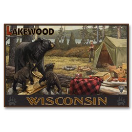 Lakewood Wisconsin Camper Bears Giclee Archival Canvas Print Wall Art Décor for Home & Office from Travel Artwork by Artist Paul A. Lanquist 12" x 18"