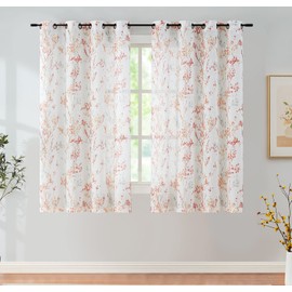 Tree Print Semi-Sheer Curtains 63inch Length White Red Orange Branch Curtain Panels for Living Room Bedroom Linen Textured Look Privacy Semi Sheer Curtains 2pcs Grommet Top