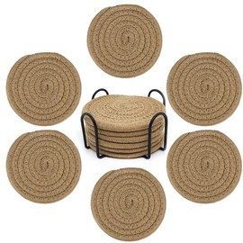 Makya Drink Coasters with Holder, Absorbent Coaster Sets of 6, Braided Fabric Coasters for Tabletop Protection Thicker Heat-Resistant Coasters for Drinks, Great Housewarming Gift, Brown, 4.3 inch