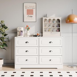 Walsunny Farmhouse Dresser for Bedroom with 6 Drawers, Wood Storage Cabinet Clothes Organizer Furniture for Living Room, Entryway, White Pantry - Color: White