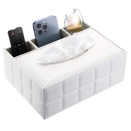 BTSKY PU Leather Household Office Rectangular Tissue Box with Remote Control Storage Box - Desk Tissue Holder Organiser Storage Box Holder Remote Control Container White