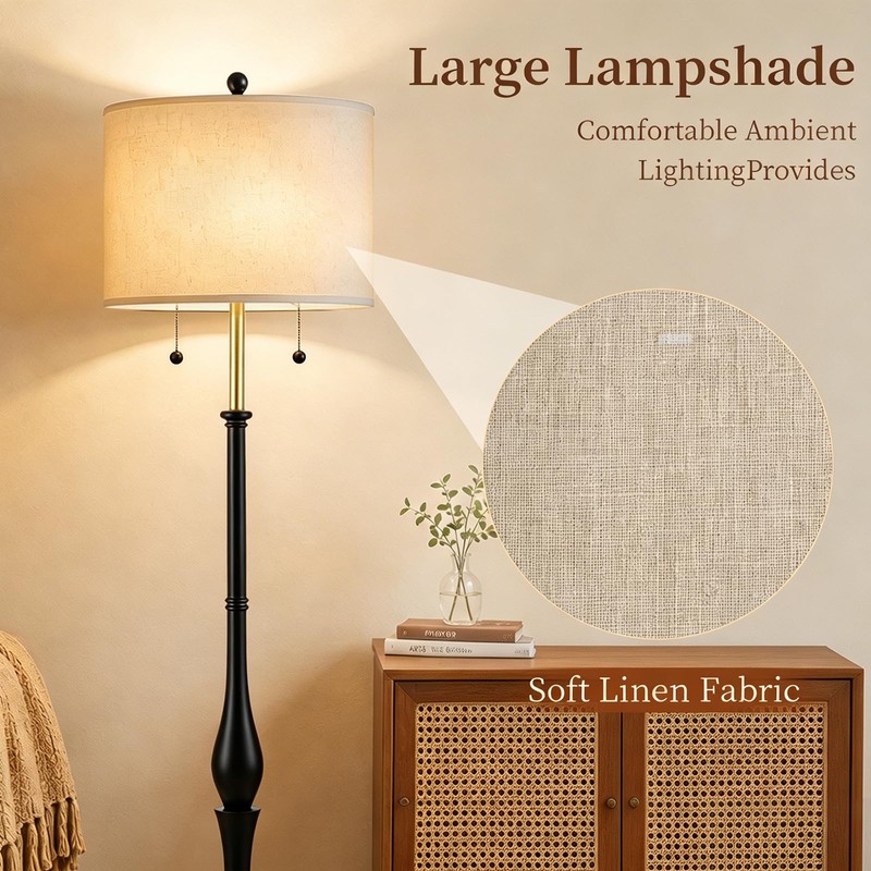 Fismool Farmhouse Floor Lamp, Solid Wood Standing Lamp, Linen Shade,