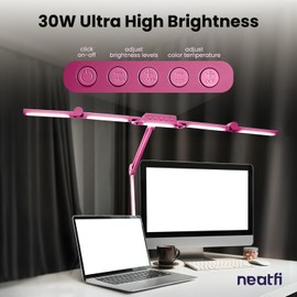 Neatfi (New Model) 3,000 Lumens LED Desk Lamp, Dimmable Desk Light with 360 SMD LEDs, 30W, Adjustable Color Temperature, Task Lamp for Home, Office, and Workbench (CCT with Clamp, Pink, 44 Inches)