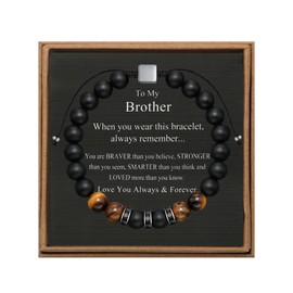 JoycuFF Brother Bracelet Gifts from Sister, Birthday Father's Day Thanksgiving Day Christmas Ideas Gifts for Brother, Adjustable 8mm Mens Tiger Eye Black Matte Agate Bead Bracelets for Him