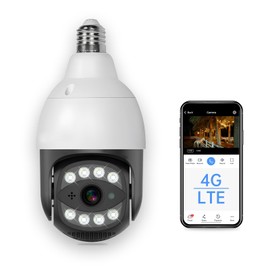 SECUEYE APP 4MP Bulb Camera 4G LTE vSIM Outdoor Security Pan/Tilt/Zoom Automatic Tracking Human Detection Alarm Starlight Color Night 24/7 Recording