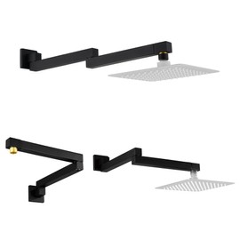 18.5 Inches Straight Extended Pivoting Shower Arm With Flange, Rain Shower Head Extension Arm, Square 360°Swiveling Foldable Shower Arm, Wall-Mounted Matte Black Stainless Steel ﻿