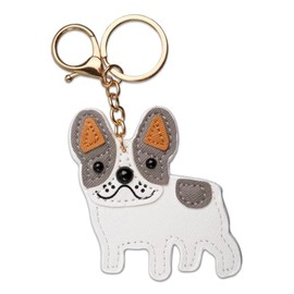 Harts French Bulldog (Frenchie) Keychain, PU Leather Dog Charm, Gold Metal Ring, White and Grey