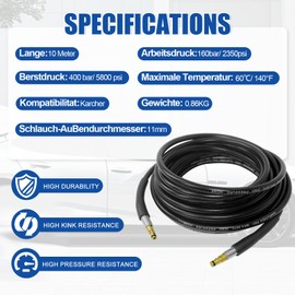 10m Pressure Washer Hose, Heavy Duty Replacement Hose with Click Plug Quick Connector, Compatible with Karcher K2 K3 K4 K5 K6 K7 High Pressure Jet Washers