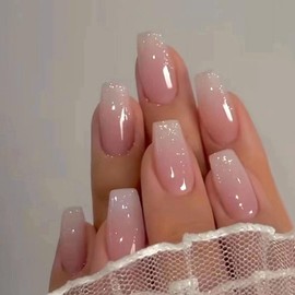 Medium Press on Nails Coffin Fake Nails with White Pink Gradient Designs Acrylic Nails Press ons Glossy Glue on Nails Daily Wear Simple False Nails Artificial Stick on Nails for Women 24Pcs
