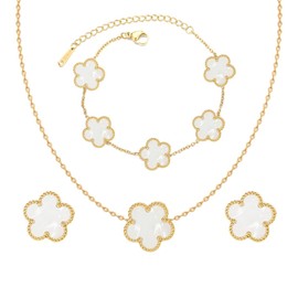 Gkaopi Four Leaf Clover Jewellery Set for Women and Girls 18 Carat Gold-Plated Stainless Steel Pendant Necklace Stud Bracelet Lucky Clover Jewellery Set for Gifts Valentine's Day Birthday, Metal