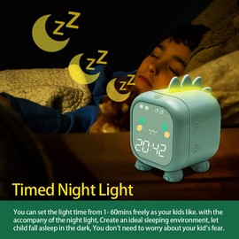Kids Alarm Clock with Dinosaur, Digital Alarm Clock for Kids Bedroom, Cute Bedside Clock Children's Sleep Trainier, Wake Up Light and Night Light with USB for Boys Girls Birthday Gifts. (Green)