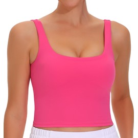 THE GYM PEOPLE Women's Square Neck Longline Sports Bra Workout Removable Padded Yoga Crop Tank Tops Bright Pink