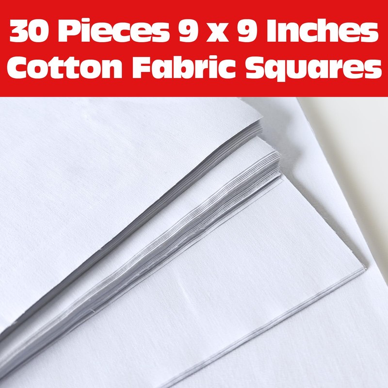 30 pcs White Cotton Fabric Squares, 9 x 9 Inches