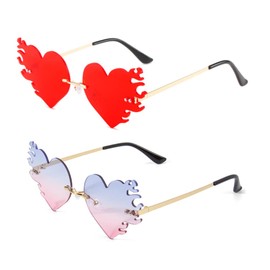 Melting Heart Flame sunglasses Women/men Trendy Rimless Party Cute Prom Glasses Novelty Heart Fire Flame Eyewear, Pink Blue+red, Medium