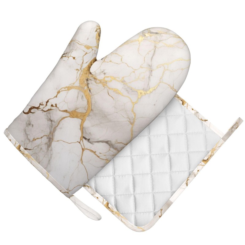 Oven Mitts and Pot Holders Marble Gray Gold White Silicone