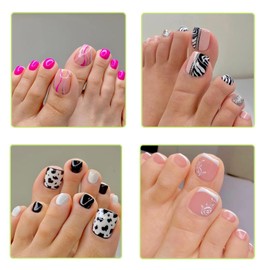 Hot Pink Press on Toenails with Glossy Colorful Designs Toe Nail Press ons Silver Glitter Fake Toenails and Black False Toe Static Nails for Women nude pink French Press on Toenails (4Pack Set)