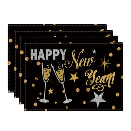 Artoid Mode Cheers Black and Gold 2025 Happy New Year Placemats Set of 4, 30 x 45cm Seasonal Winter Xmas Holiday Vintage Washable Table Mats